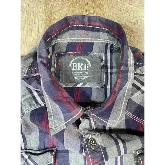 BKE Buckle Shirt Mens XL Gray Blue Metal Buttons Standard Fit L/S Plaid Western - Picture 3 of 7